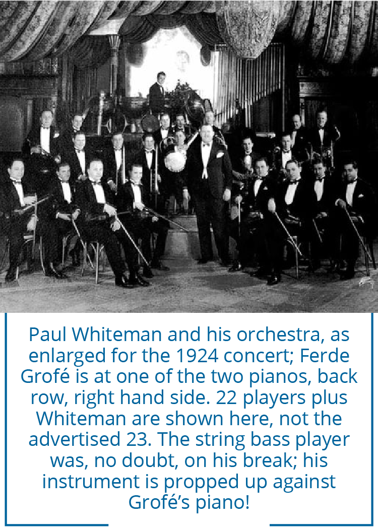 Paul Whiteman and his orchestra, as enlarged for the 1924 concert; Ferde Grofé is at one of the two pianos, back row, right hand side. 22 players plus Whiteman are shown here, not the advertised 23. The string bass player was, no doubt, on his break; his instrument is propped up against Grofé’s piano!